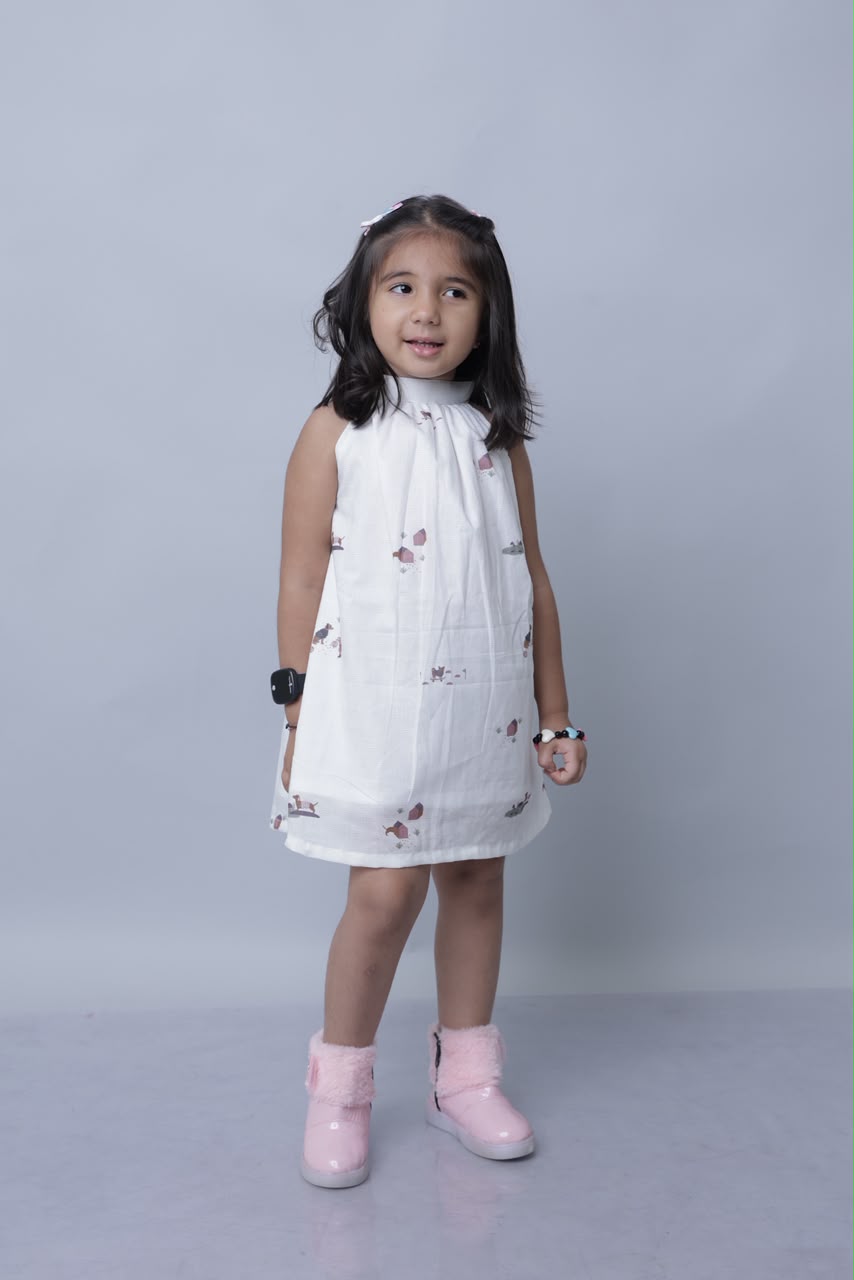 White printed dress with pink boots