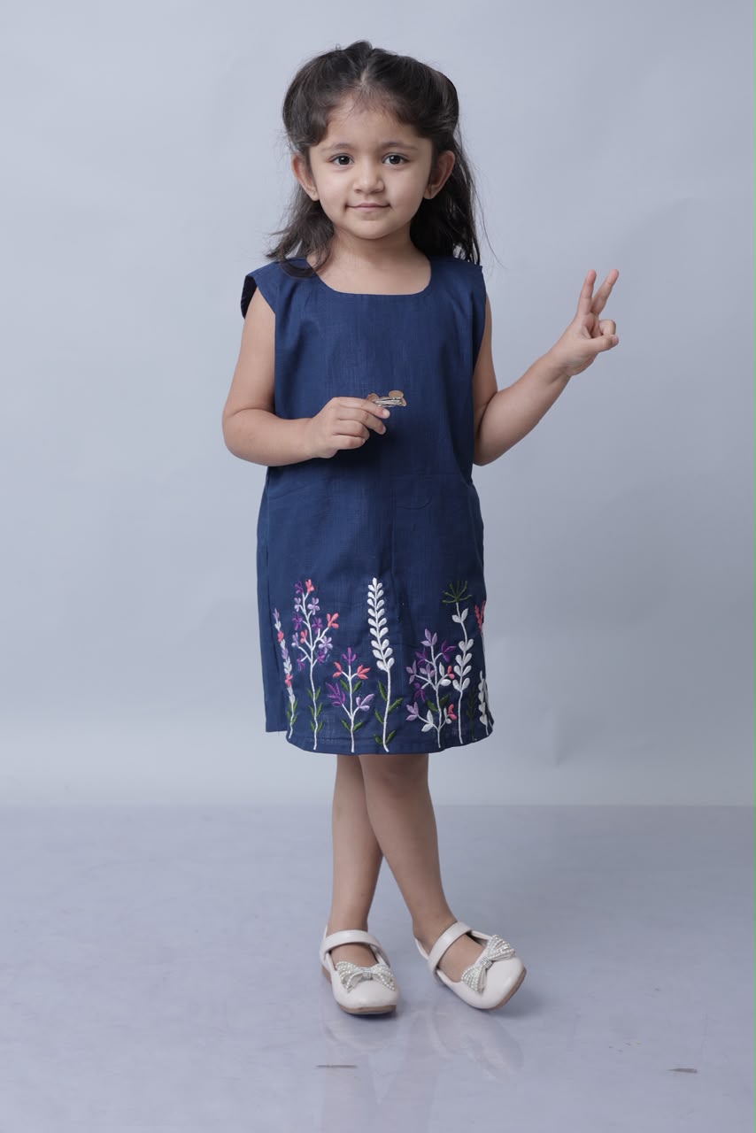 Navy dress with floral embroidery